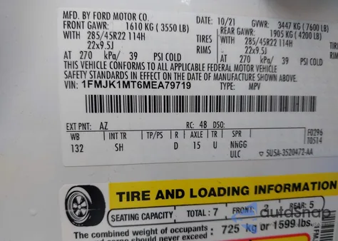 2021 Ford Expedition Platinum Max из США, поврежденный, VIN 1FMJK1MT6MEA79719